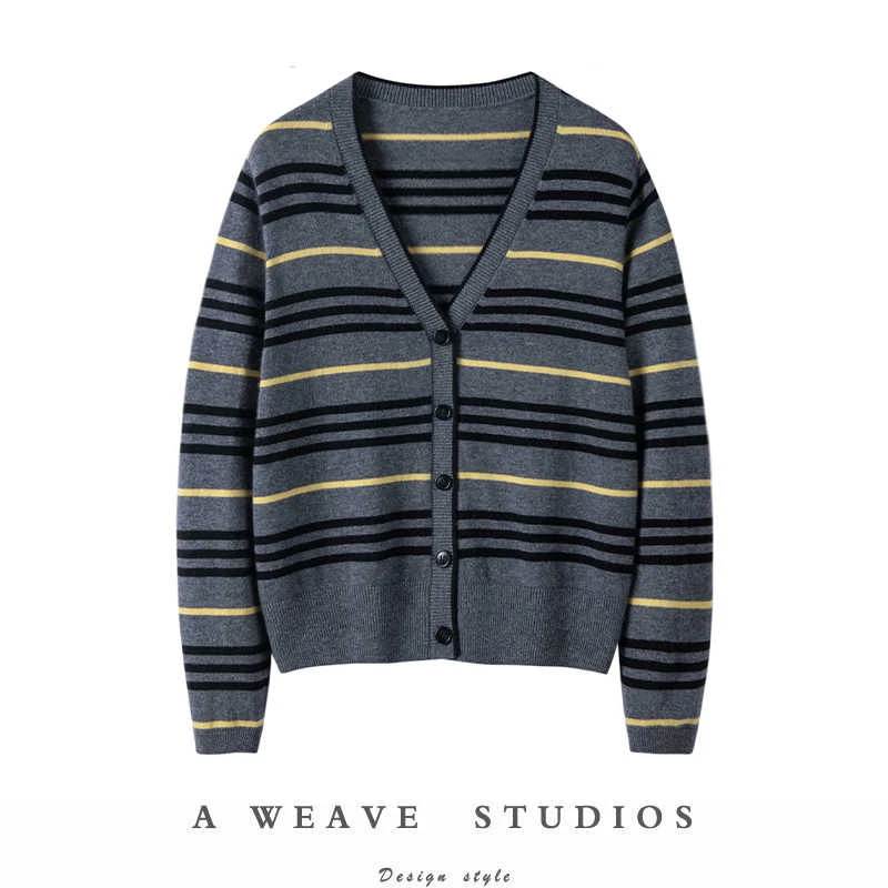 街拍时髦！法风条纹撞色羊绒开衫女纯羊绒毛衣秋冬针织开衫外套