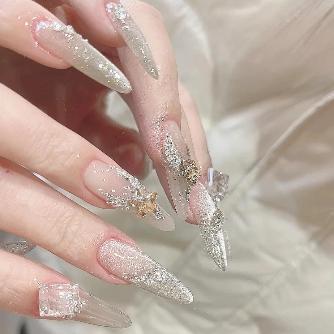 『星河浪漫』星空猫眼轻奢系列美甲贴片米白色纯手工穿戴甲爆闪钻