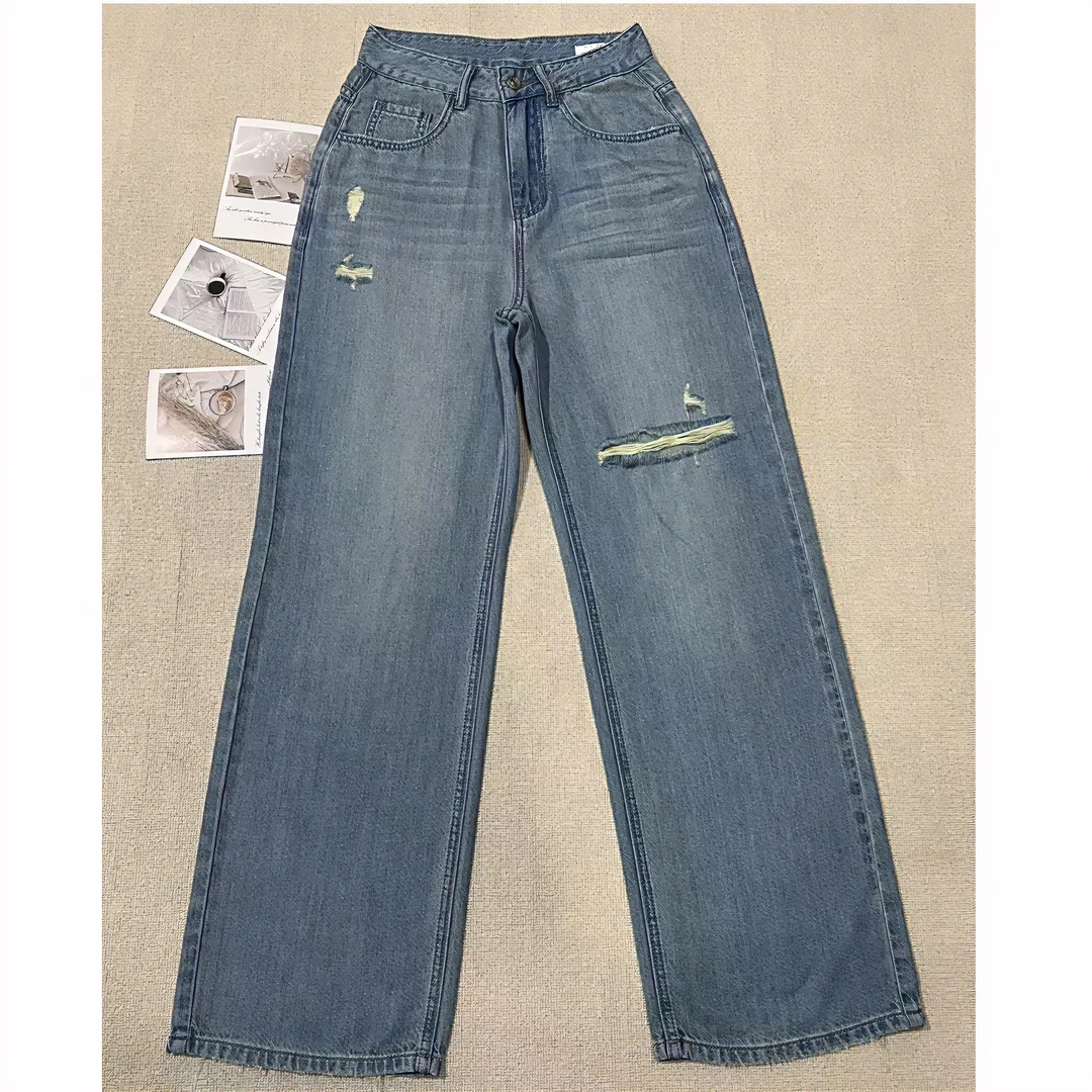 【PJH】156夏季新款个性破洞牛仔直筒牛仔裤