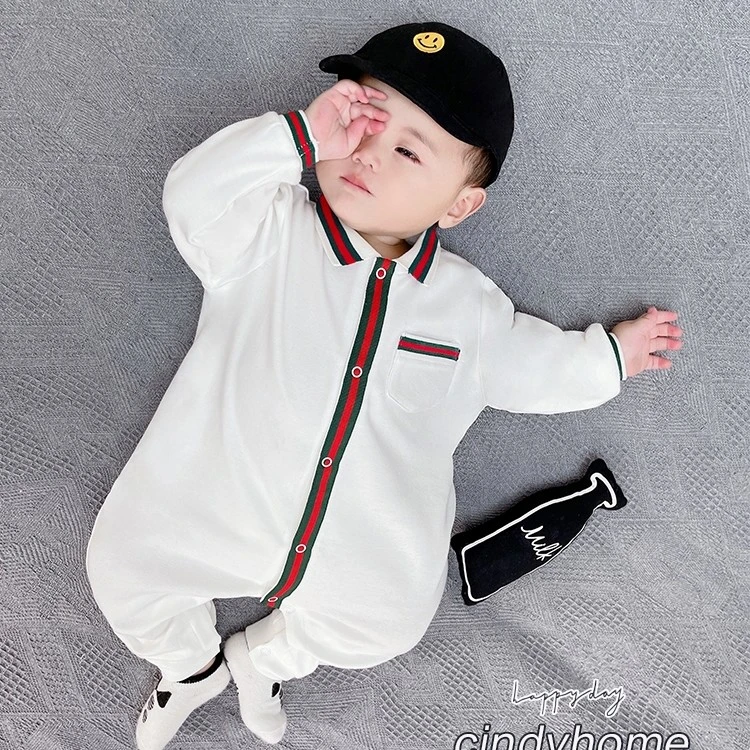 9363春秋季婴幼儿织带翻领前开哈衣连体衣宝宝外出爬服