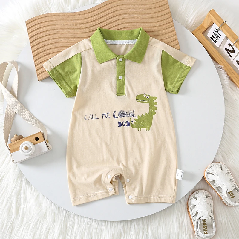 9658夏季新款婴幼儿翻领格子短袖连体衣男女宝宝卡通短爬