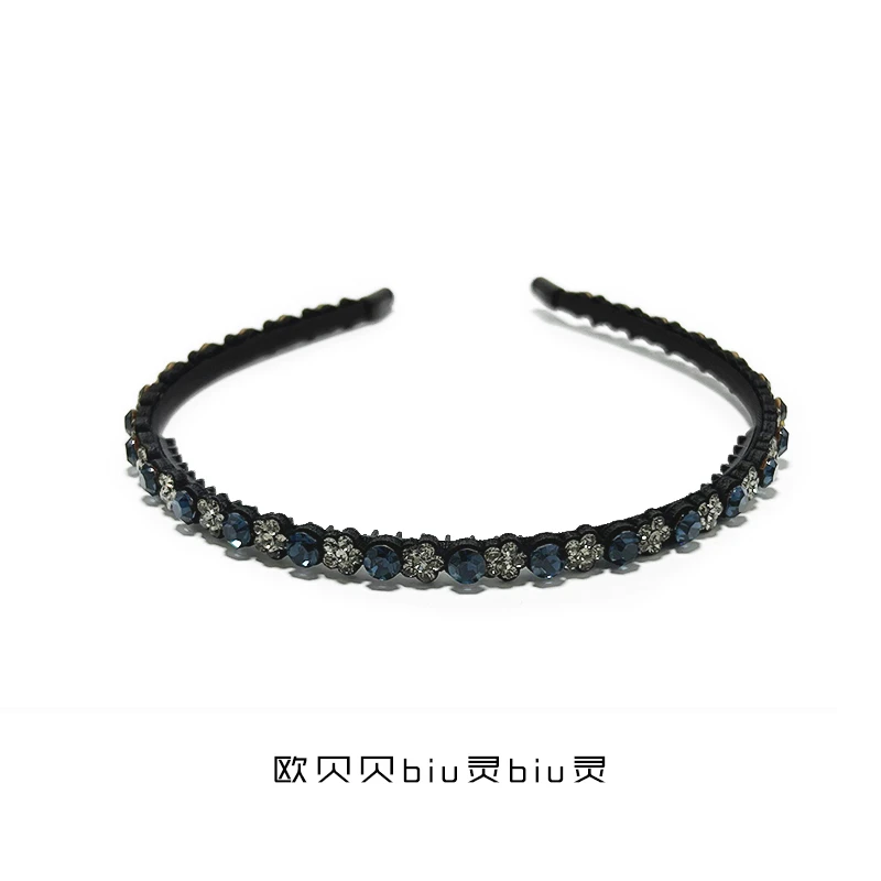 32117莫蓝色简约百搭满钻发箍带防滑齿