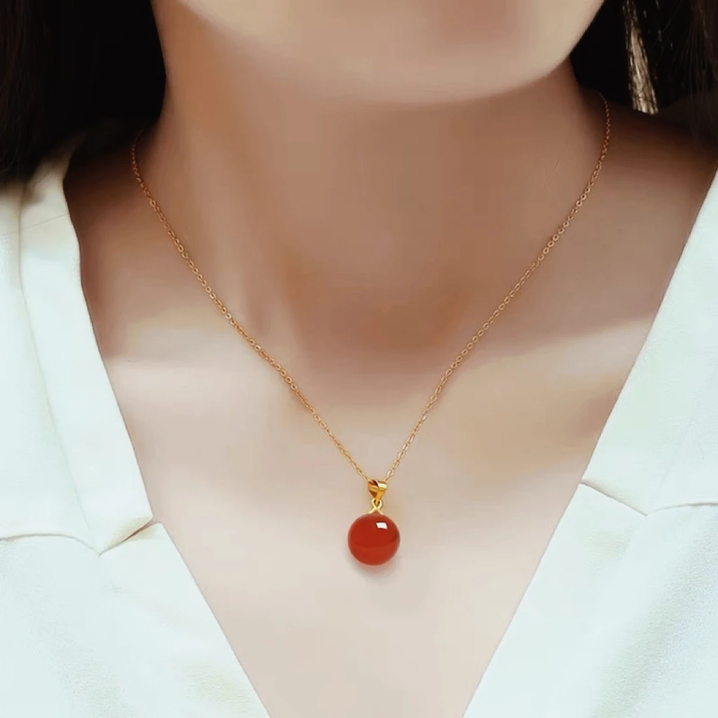 珠宝玉石S926银天然冰红圆珠吊坠女款简约复古转运珠（赠链不含证）