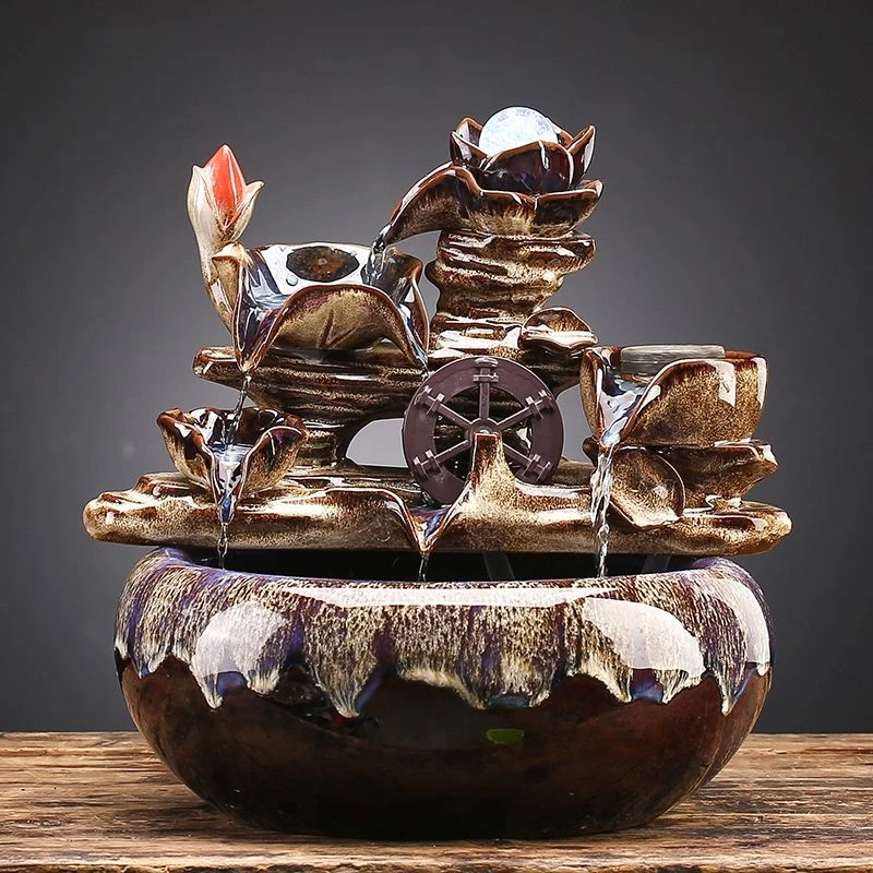 新中式陶瓷风水循环流水摆件客厅创意风车喷泉水景鱼缸雾化加湿器