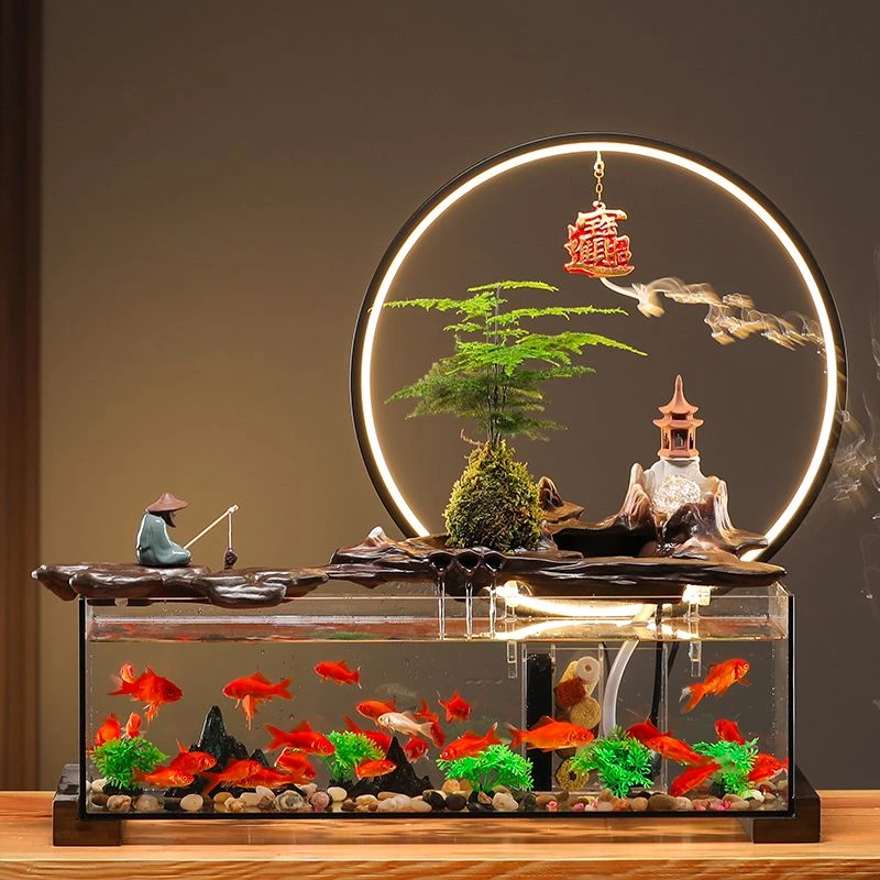 流水器摆件办公室玻璃透明鱼缸新中式桌面客厅乔迁新居开业送礼品