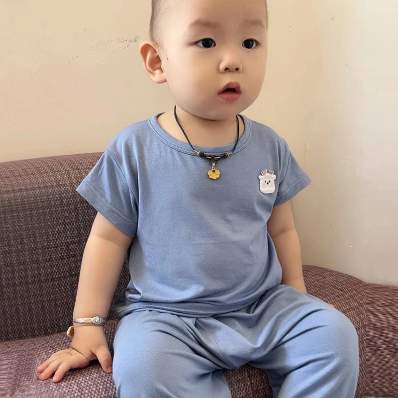 儿童短袖套装夏季纯棉薄款小孩纯色男女童宝宝衣服T恤家居空调服