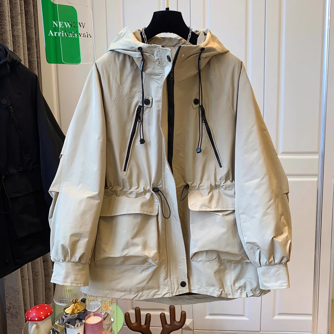 双拉链连帽外套女秋新款洋气宽松设计感显瘦中长款收腰冲锋衣外套