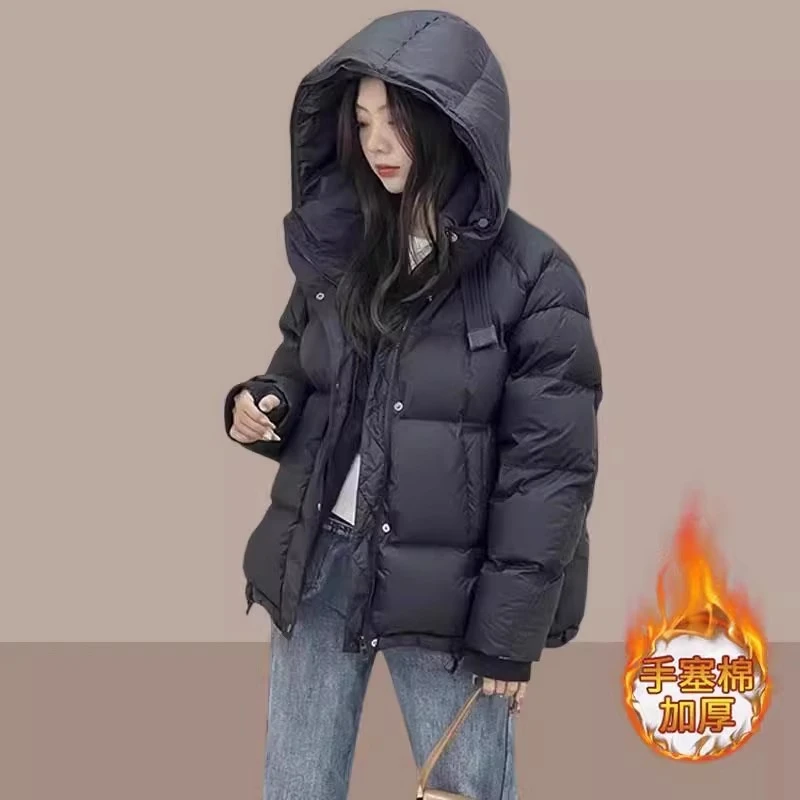 200-300斤时尚休闲设计感棉服女秋冬连帽百搭保暖棉衣显瘦短外套