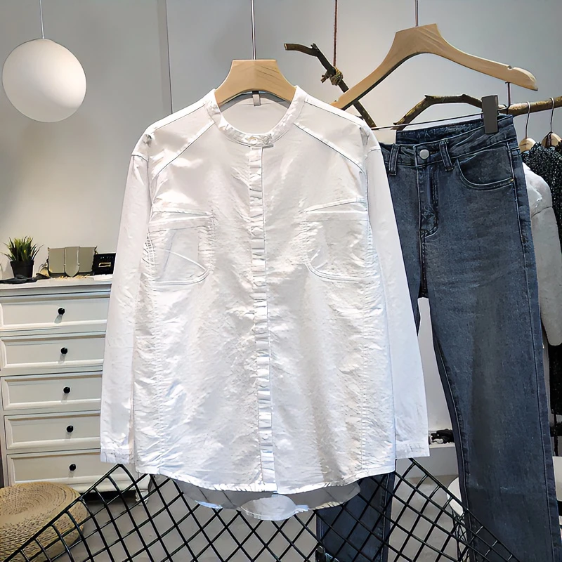 白色水洗纯棉衬衣春秋季新款韩版设计感双口袋宽松女士长袖衬衫潮