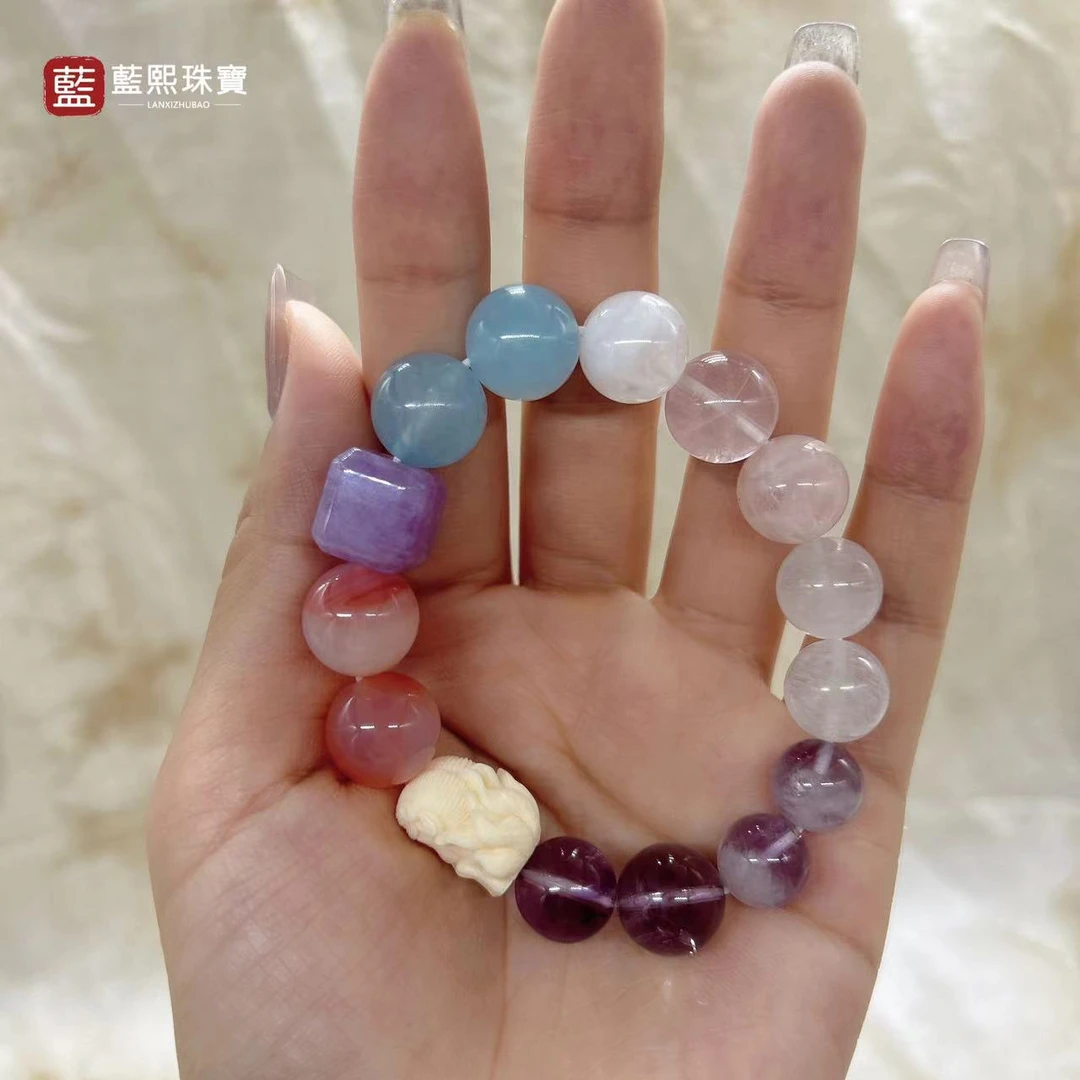 【晴空万里】蓝熙珠宝粉幽灵+粉晶+海蓝宝+玛瑙+紫水晶手串10-13m