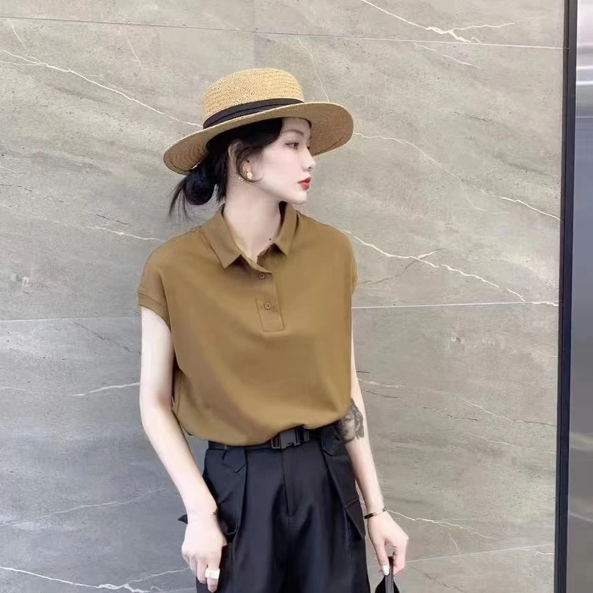 polo领无袖背心T恤女纯色短袖显瘦上衣打底衫内搭