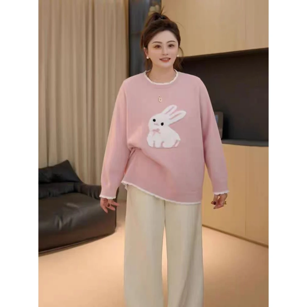 大码假两件拼接粉色毛衣针织衫女秋冬胖mm保暖显瘦内搭打底衫上衣