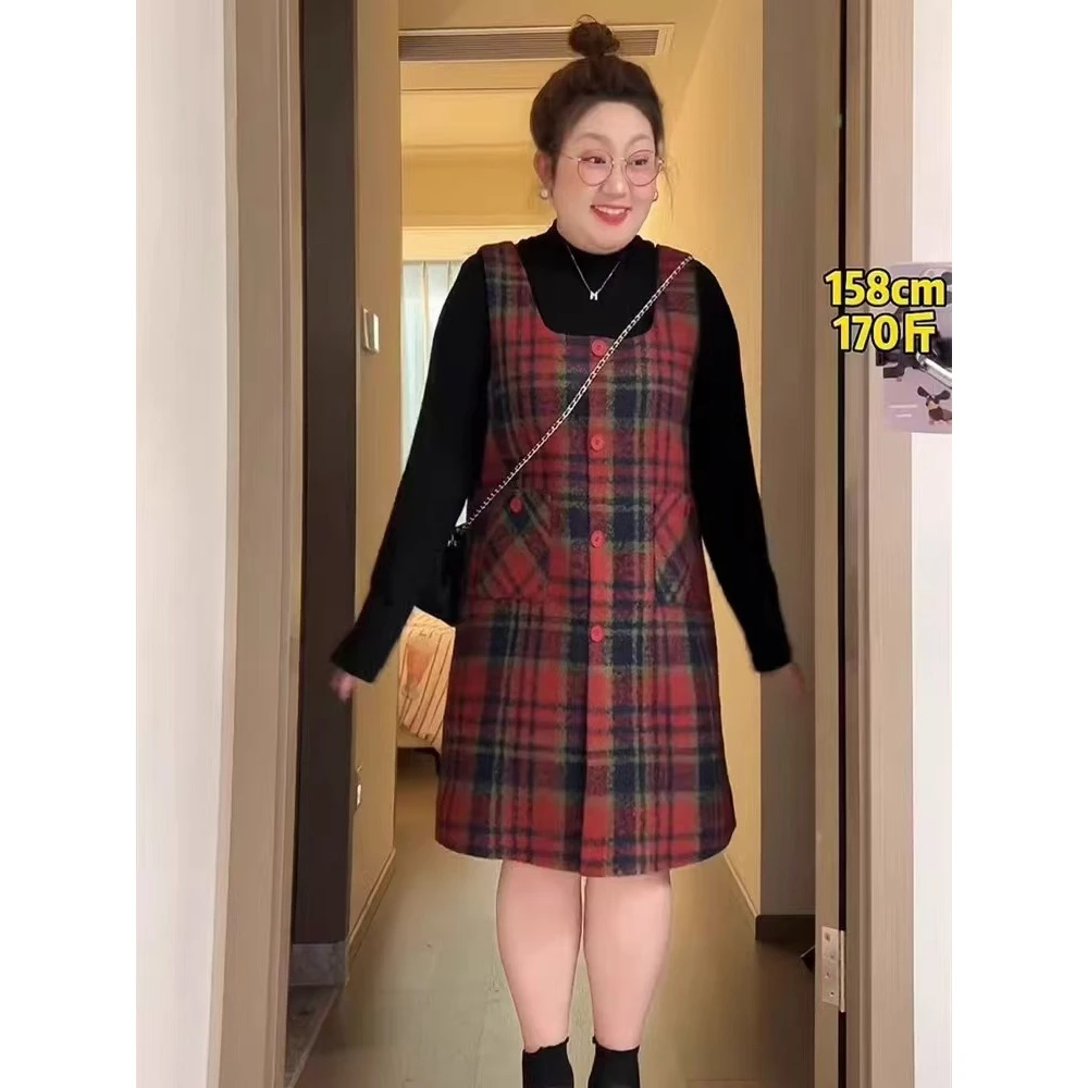 大码女装红色格纹毛呢背心连衣裙女秋季微胖mm内搭打底衫新年套装