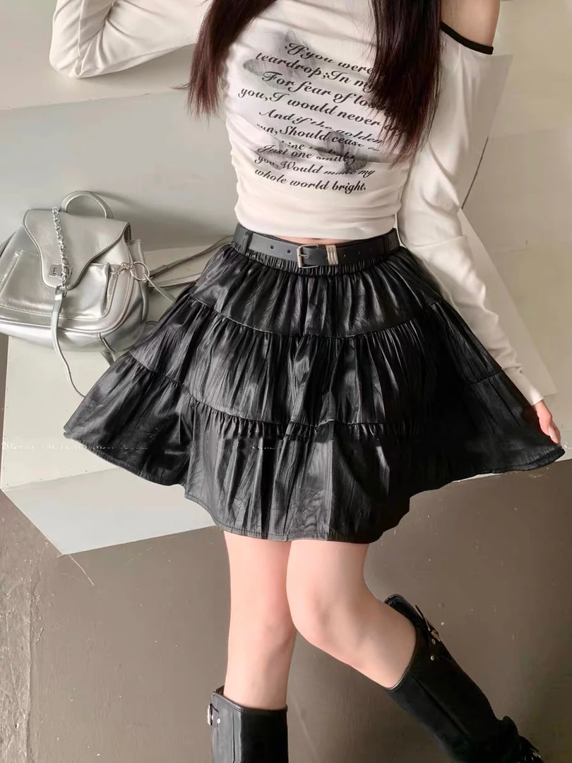 褶皱高腰蛋糕PU皮半身裙女早秋新款防走光纯色显瘦A字短裙子