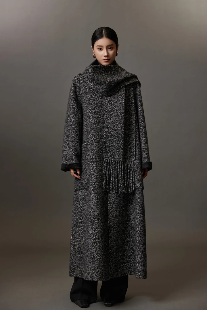 晶选【浪漫冬日】骆驼绒人字纹洋气加厚休闲时尚长款女士大衣9656-1