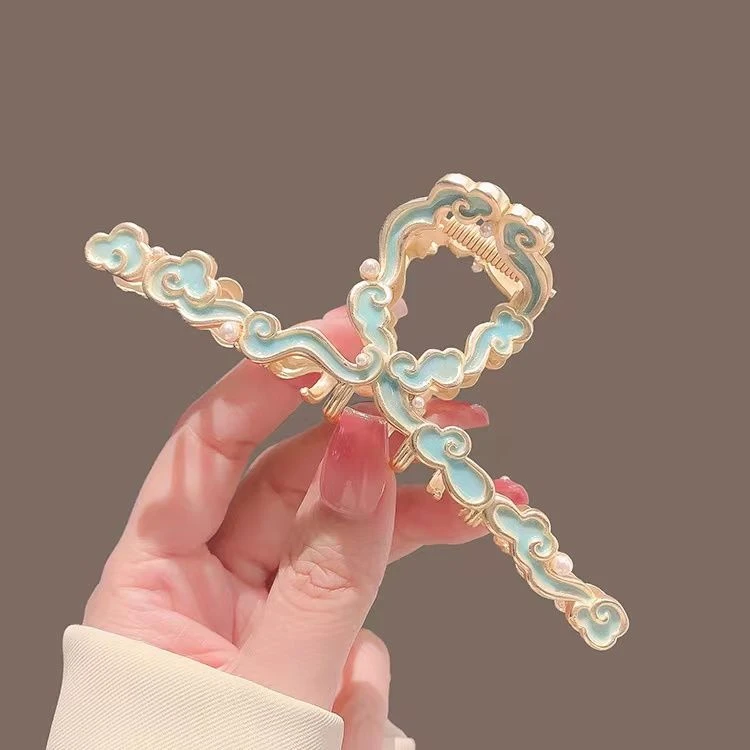 古风蓝色祥云大抓夹新中式女发饰夹子旗袍后脑勺发抓夹大号鲨鱼夹