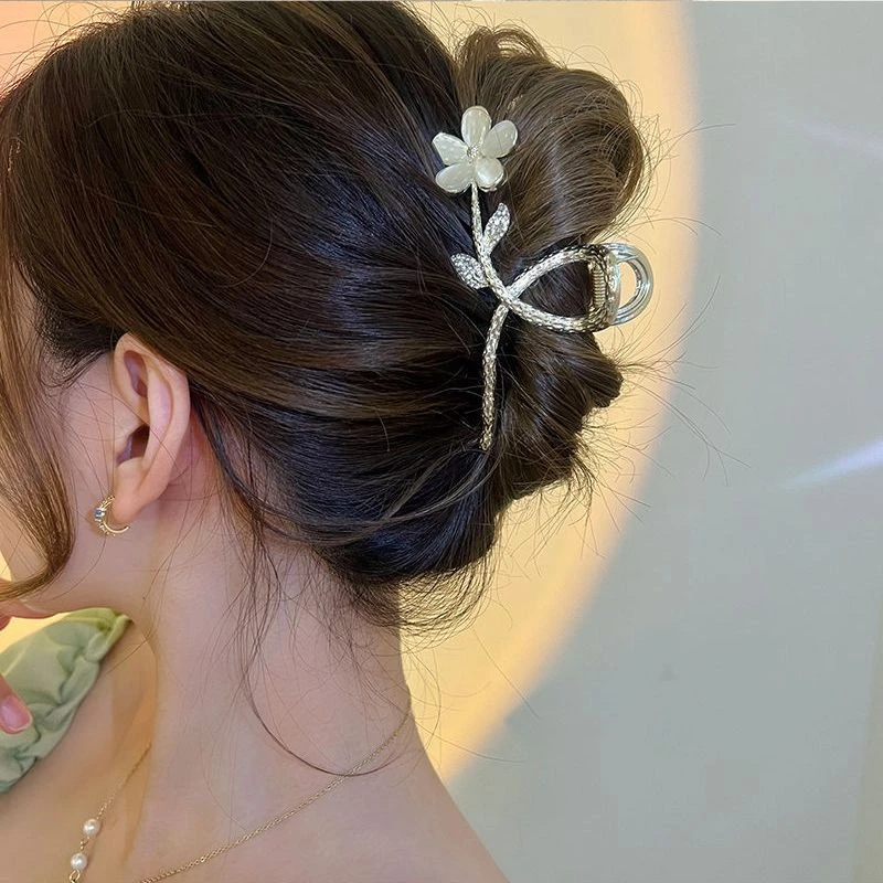 合金发饰 仙气桃花精致发夹后脑勺抓夹大号高级感鲨鱼夹2023新款