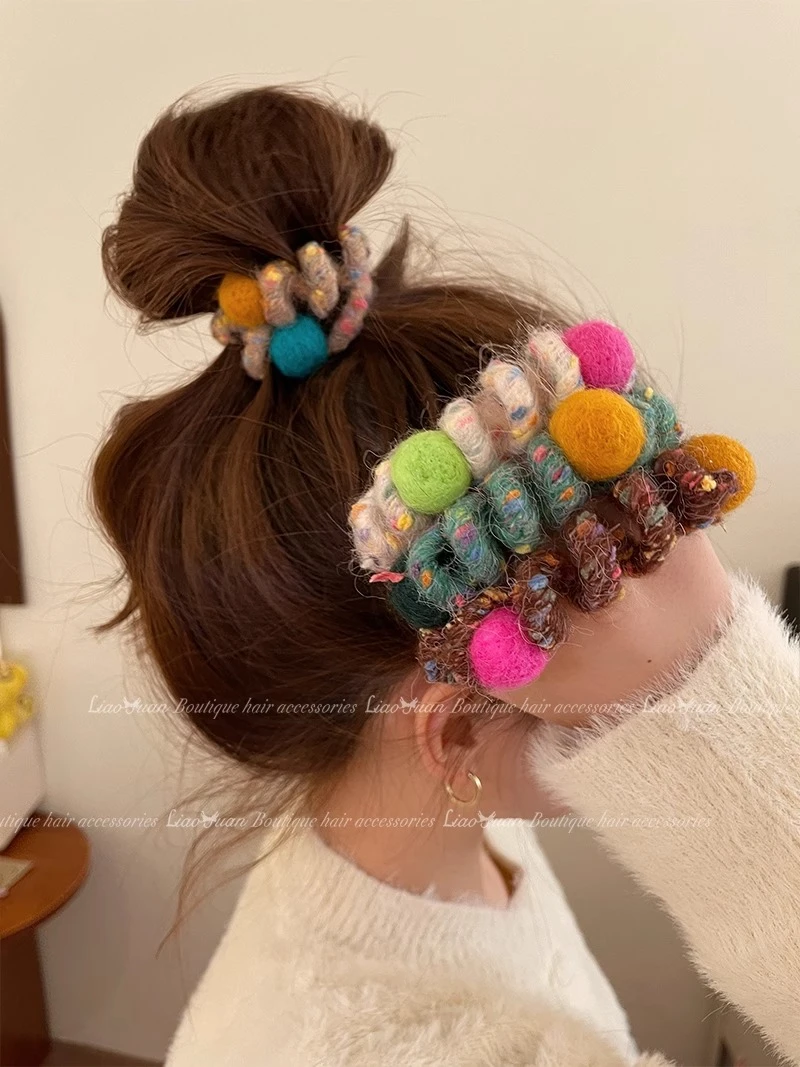 彩虹软糖~秋冬毛线电话线发圈可爱头绳2023新款高端橡皮筋女扎头