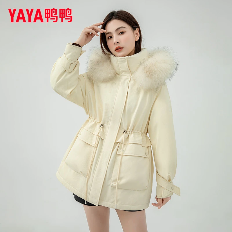 YAYA/鸭鸭羽绒服女中长款派克外套真毛领休闲收腰外套YE3B631235L