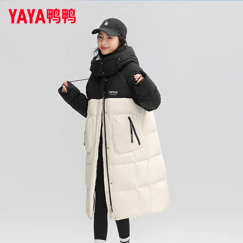 YAYA/鸭鸭羽绒服女长款新品加厚过膝撞色保暖外套YE3B009166M