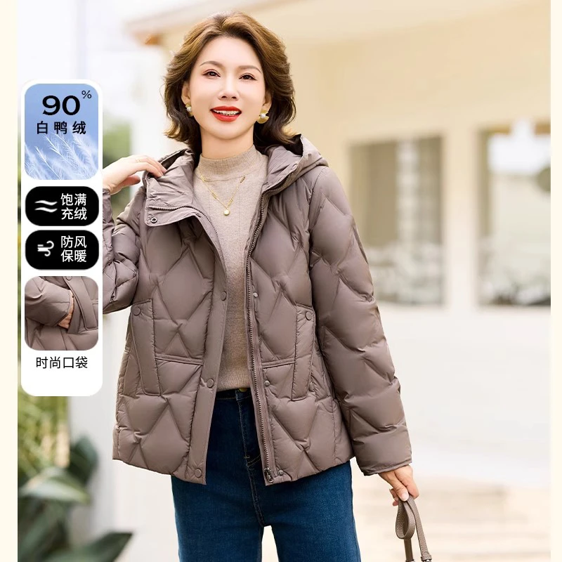 中年妈妈冬装90白鸭绒羽绒服2024新款洋气中老年女装加厚连帽外套