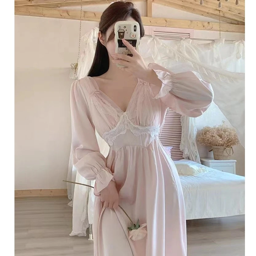法式新款睡衣春秋季冰丝高端性感蕾丝带胸垫睡裙家居服长款可外穿