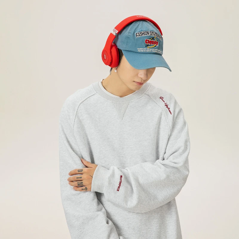 YZH子豪#400G重磅圆领百搭男美式字母刺绣潮流插肩袖宽松长袖卫衣