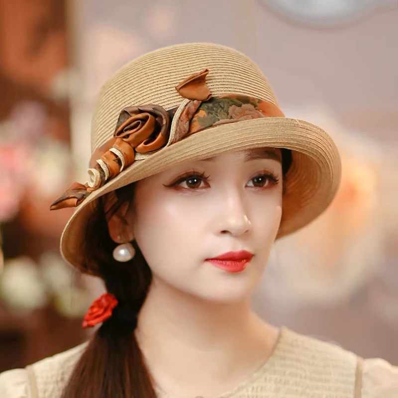 1249夏季百搭冰丝可水洗香云纱装饰遮阳防晒出行旅游赫本风草帽