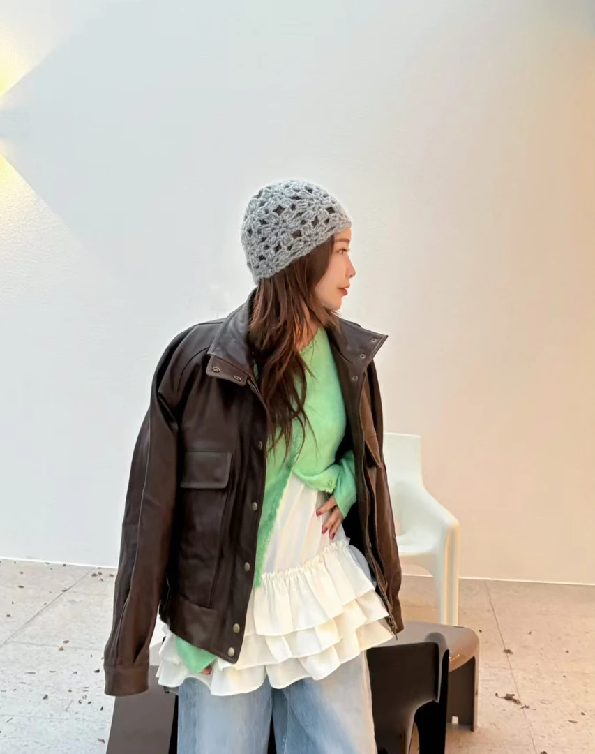 小清新绿色针织开衫女长袖圆领短款毛衣外套春季内搭