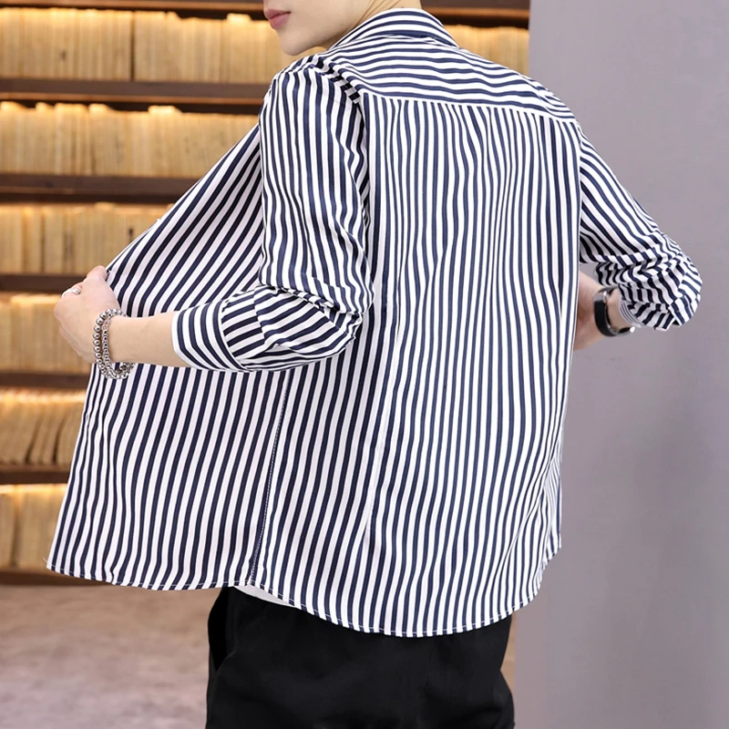 2024年新款男款长袖条纹衬衫男士轻熟风痞帅青少年男生秋装薄衬衣