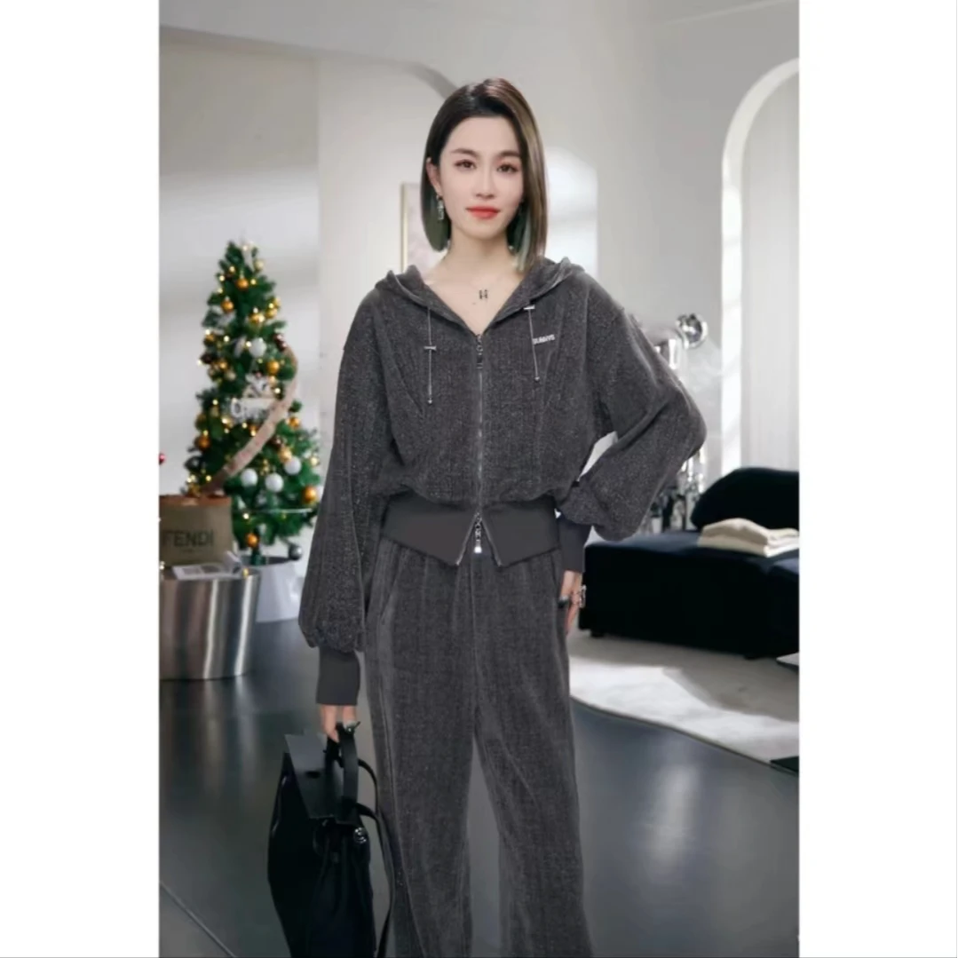 休闲运动套装女2024气质新款时尚拉链设计连帽显瘦两件套2417036