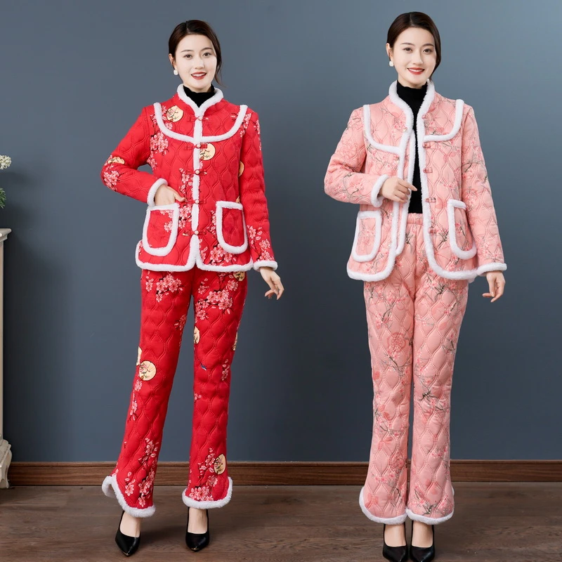 加绒加厚民族风新款棉袄套装珍珠扣不分年龄的女装民族特色花棉衣