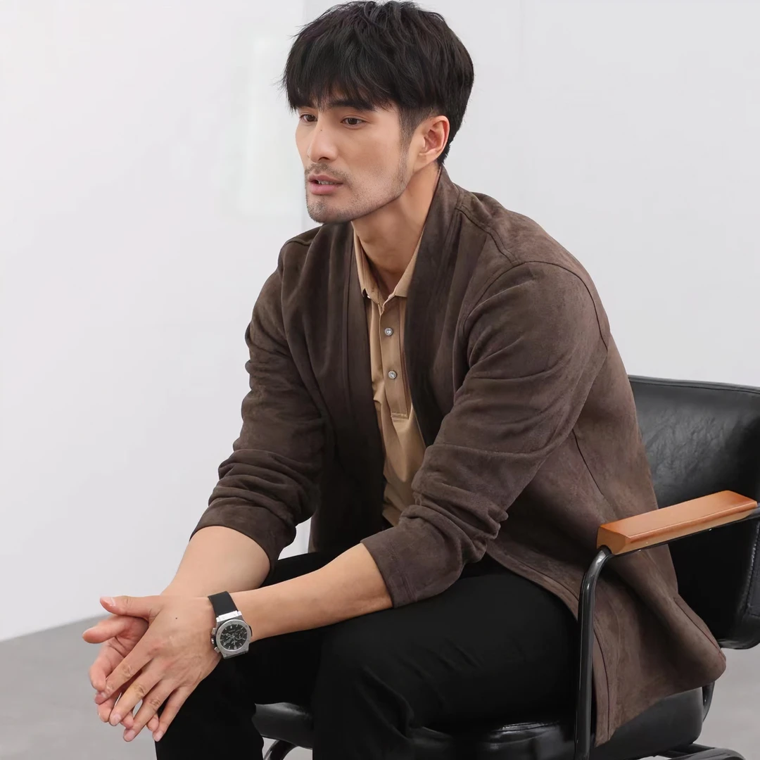 MC 26AW雅痞风格男士轻奢休闲无领外套无扣开衫大码男装66169-270