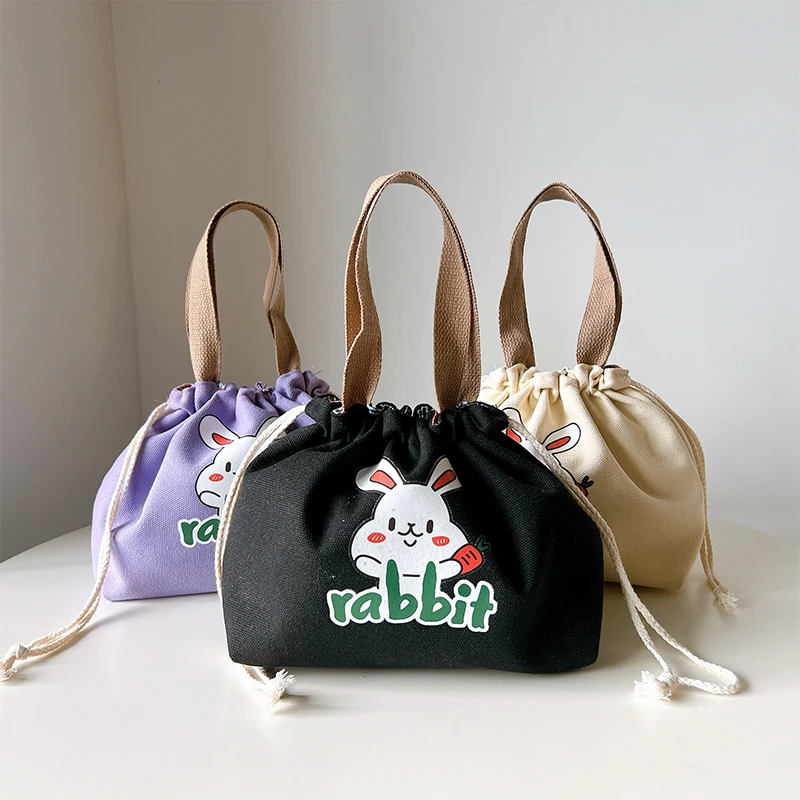 抽绳便当包帆布手提袋大容量防水清新饭盒袋简约学生便携