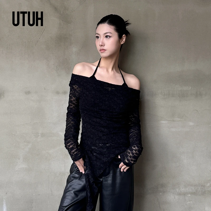 UTUH黑色手工挂毛挑空缝线设计蕾丝不规则性感显瘦上衣TUWFW2N330