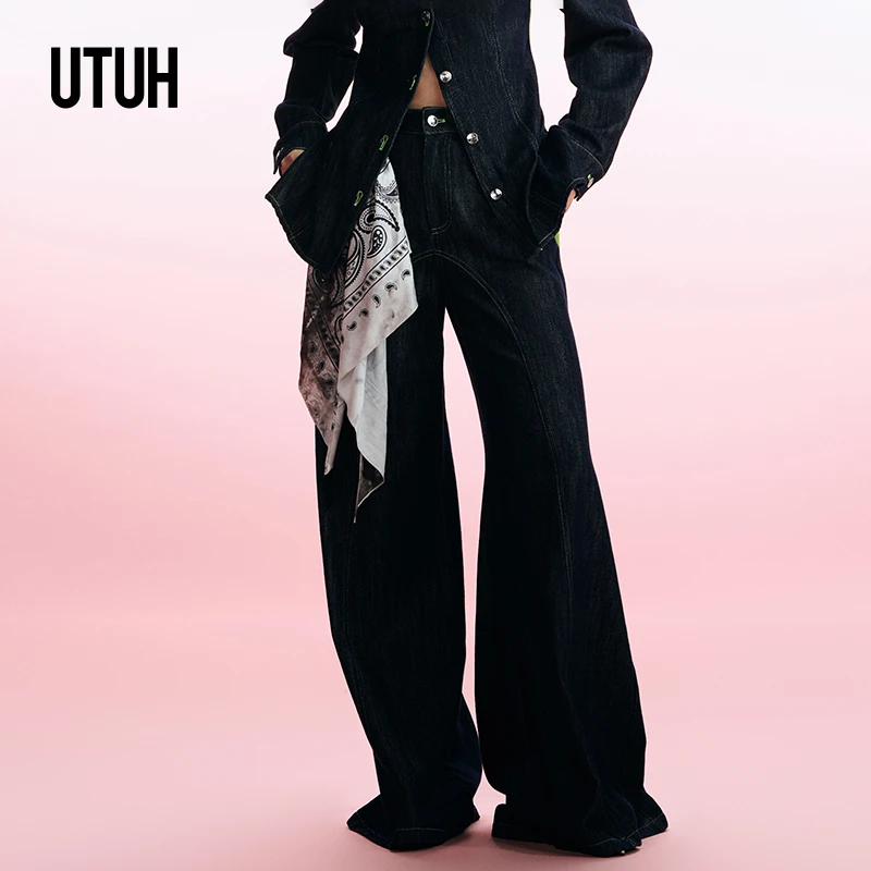 UTUH 深蓝色牛仔粗斜肌理冷冽感长裤 配：丝巾 TUWFA1K197