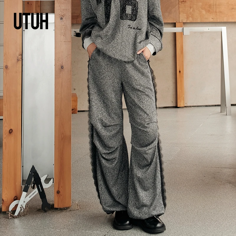 UTUH 黑灰色银丝混纺压褶设计慵懒垂感显瘦阔腿休闲裤 TUWFW3K309