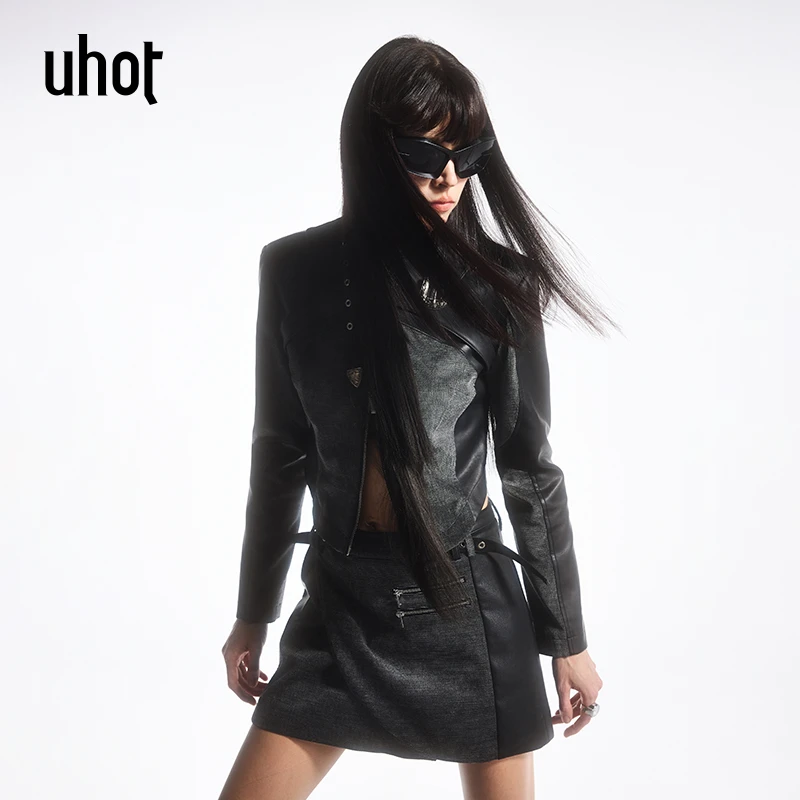 【TO 1】uhot诱货 黑灰色机车拼皮优雅短外套女 配：领袢 UWFA3W001