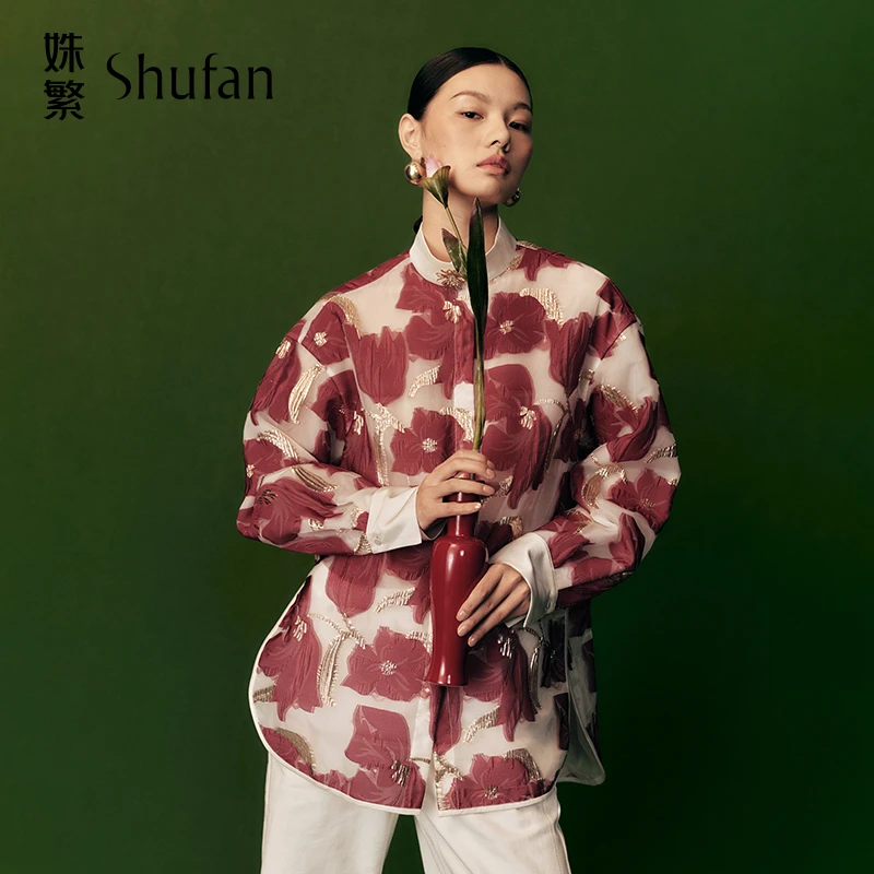 【TO 1】姝繁  红色气质薄纱半透轻奢花卉美学提花衬衣女SLWFR1C684