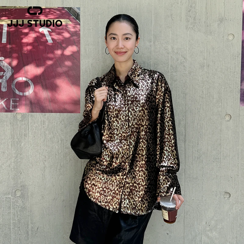 JJJ STUDIO 绣亮片豹纹宽松气质时尚率性百搭长袖上衣 JLWFW1N272