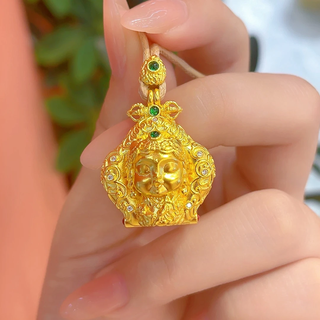宝裕华黄金足金999 古法莫桑绿度母吊坠