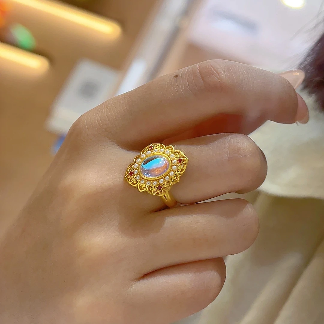 宝裕华黄金足金999 合成宝石古法月光戒指