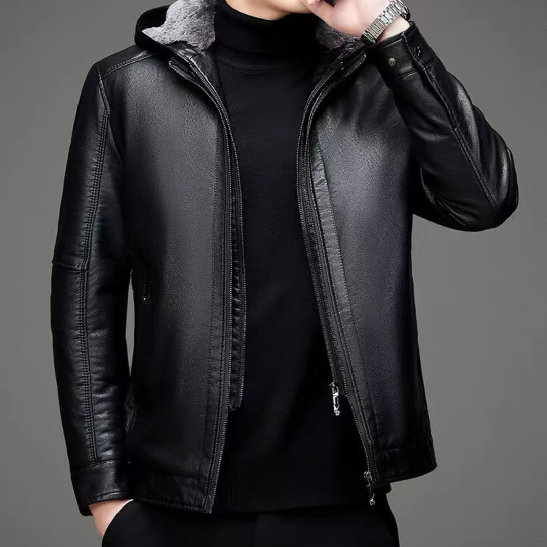 男士冬季新款连帽可拆卸真皮休闲商务百搭高档加绒皮衣外套男