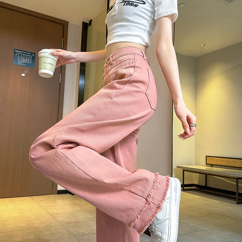 脏粉色牛仔阔腿裤女装夏季新款2024垂感中高腰显廋宽松拖地裤韩版