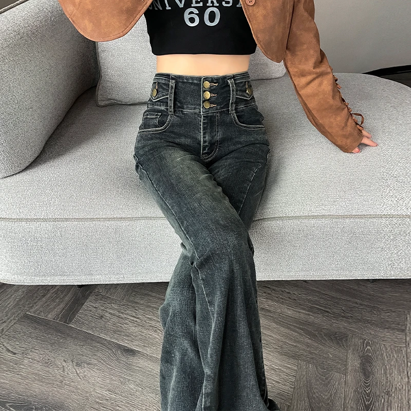 高腰微喇牛仔裤女春秋排扣设计感2023新款冬季弹力修身显瘦喇叭裤