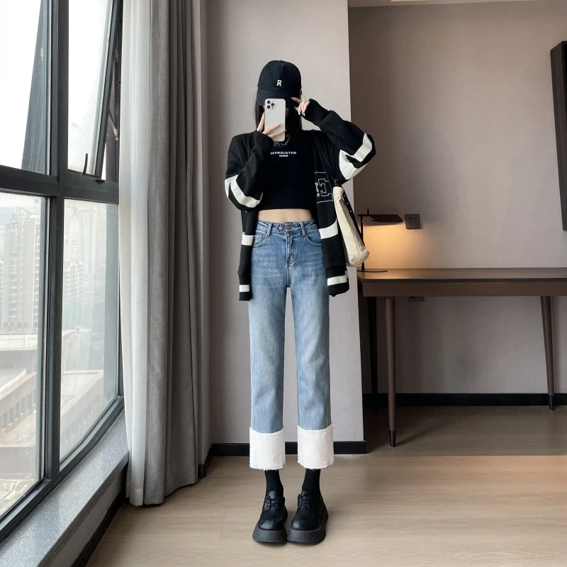 防羊羔绒烟管裤拼接牛仔裤女加绒加厚小个子九分爆款弹力显瘦浅蓝