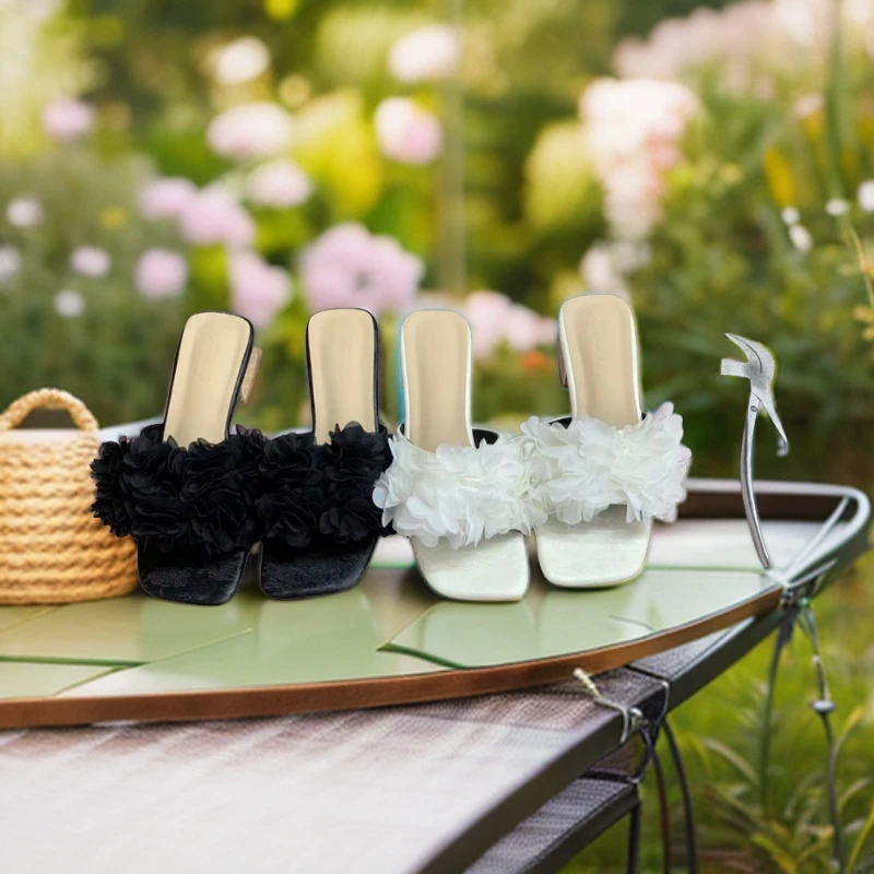 花朵凉鞋时尚夏季高跟一字拖百搭女士女鞋凉鞋时尚夏季一字拖矮跟