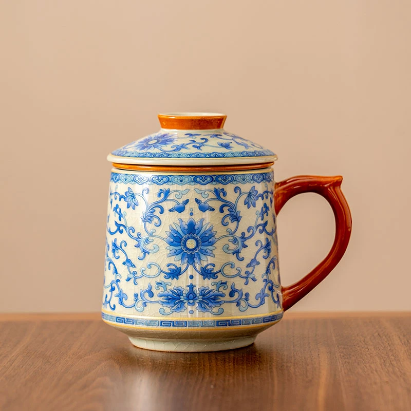青花哥窑缠枝莲办公杯陶瓷带盖茶水分离水杯家用中式泡茶杯F169