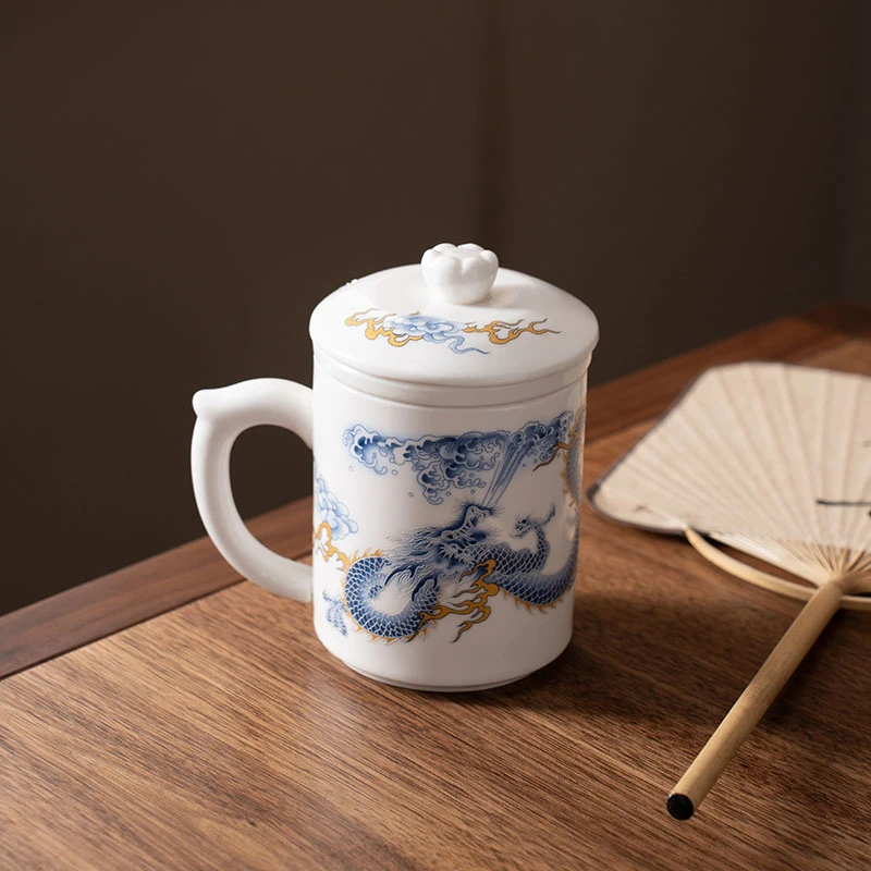 羊脂玉祥龙吐瑞办公杯茶水分离杯办公室带盖过滤泡茶马克杯G1315