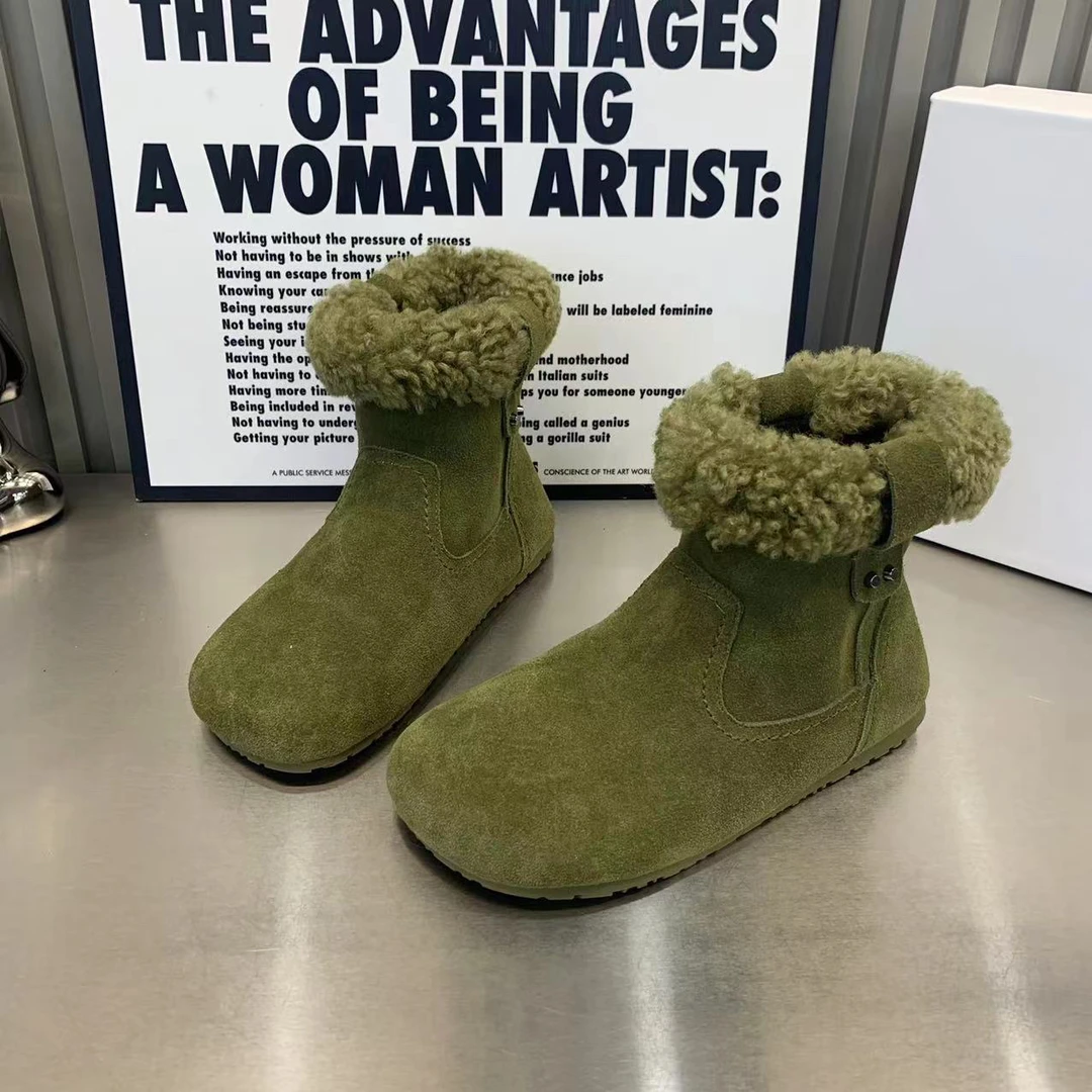 欧洲站雪地靴2025秋冬新款真皮真毛加厚保暖大头短筒靴平底保暖靴